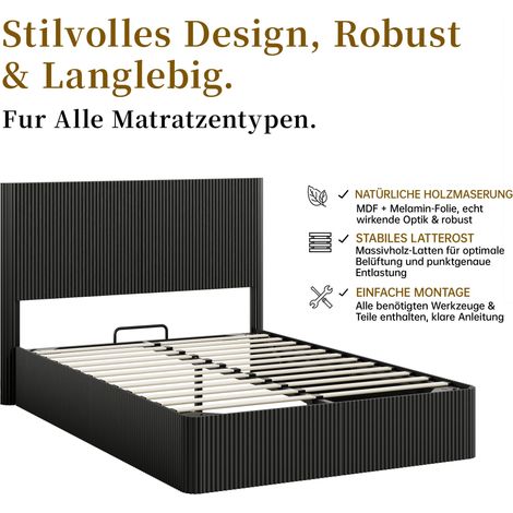 Lit design moderne avec effet cannelé et système de levage hydraulique – Grand espace de rangement, lattes en bois massif résistant, surface facile à entretenir – 140 x 200 cm – Noir (1/5)