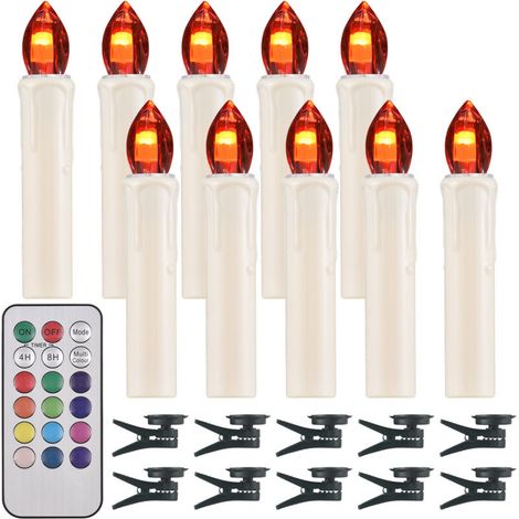 Confezione da 10 candele senza fiamma con telecomando e clip, luminosità regolabile, LED tremolanti, a batteria, senza fili, ideali per decorare l'albero di Natale (1/5)