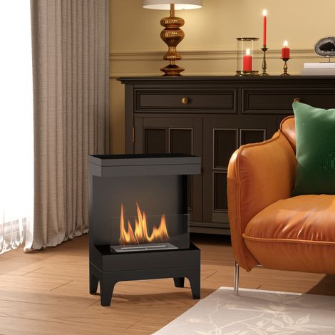 Noir - Cheminée bioéthanol au sol, brûleur 0,9L, durée 3,3h, acier et verre, couverture 20㎡, 38x22x54 cm