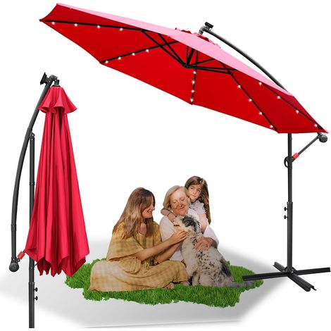 Wolketon Sonnenschirm Ampelschirm 350 cm mit LED, UV-Schutz, Kurbel -Rot