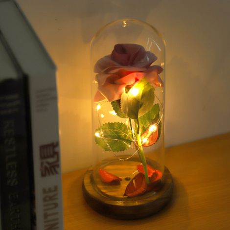 Rose éternelle illuminée par LED avec couvercle en verre et socle en bois - Cadeau idéal pour la Saint-Valentin ou un mariage - Rose (1/5)