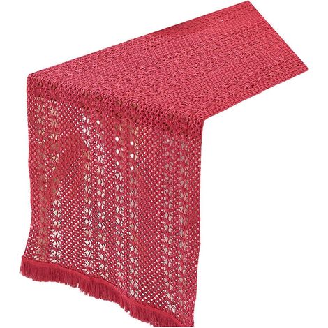 Chemin de table élégant en lin et polyester, bordé de dentelle, 180 cm de long, rouge. Idéal pour les tables et les réceptions. (1/5)