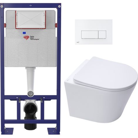 Swiss Aqua Technologies Pack WC Bati-support autoportant + Cuvette SAT Infinitio sans bride + Abattant soft close + Plaque blanche (SMART-Infinitio-4)