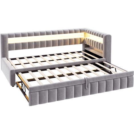 Cama tapizada 90 x 200 cm con sofá cama extraíble, LED, USB y Type-C, terciopelo gris claro (1/5)