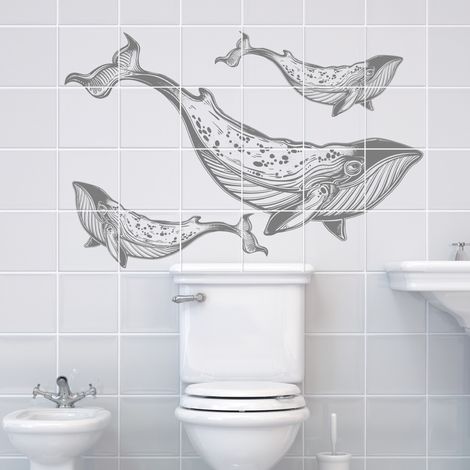 Sticker Mural Carrelage adhésif Cuisine Salle de Bain - 24 STICKERS CARREAUX DE CIMENT BALEINES - 24stickers10x10cm (1/5)