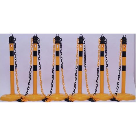 Ensemble de potelets de blocage en PU jaune/noir avec pied hexagonal D63xH1000mm 6 poteaux et 5 chaînes