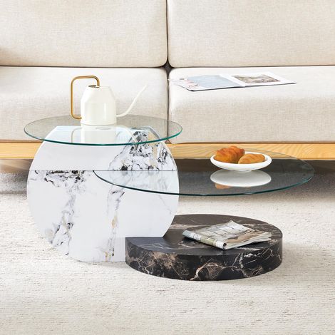 Table basse minimaliste moderne à deux niveaux en verre de sécurité, structure en MDF de haute qualité avec effet marbre noir et blanc. Plusieurs coloris disponibles.