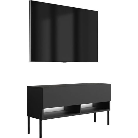 Meuble TV : Noir Mat, pieds droits noirs, LED blanche, 100 × 32 × 52 cm (1/5)