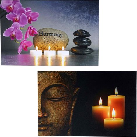 2er-Set LED-Bild Leinwandbild Leuchtbild Wandbild 40x60cm, Timer Buddha + flackernd (1/5)