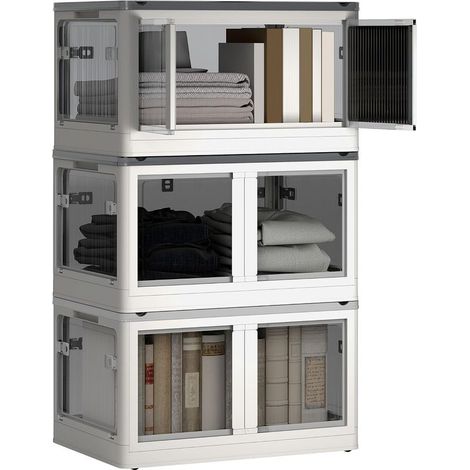 Boîtes de rangement pliables et empilables 69L en plastique, caisses rangement 3 cubes avec couvercle et 4 roulettes, accès à 5 côtés, pour jouets et livres, blanc (1/5)