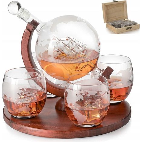 Set da whisky e cognac con caraffa a globo, 4 bicchieri e cubetti di ghiaccio.