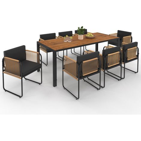 Gartenmöbel RIO Tisch 190 cm und 8 Stühle schwarze Metallstruktur, Tauwerk in heller Rattanoptik und schwarze Kissen
