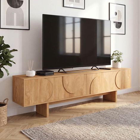 Mueble para la tele de 180 cm ARVIN, de 2 puertas, con relieves redondeados y madera clara