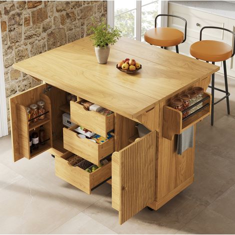 Carrello da cucina con prolunghe, 95 cm, 3 cassetti, ruote bloccabili, marrone DESVIAE (1/5)