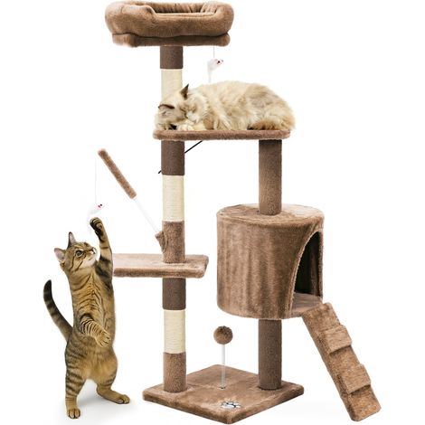 VOUNOT® Kratzbaum 112cm, Mehrstöckiger Katzenbaum mit Kratzsäulen Höhle, Braun
