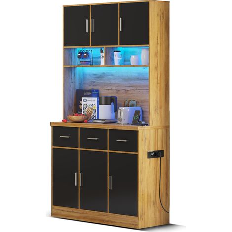 Credenza alta LED da soggiorno con cassetti, ripiani regolabili, gestione cavi e prese, finitura nero e legno (1/5)