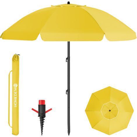 HOMEDEMO Parasol Plage Inclinable avec Revêtement Argenté, UV50+, avec Pieds de Parasol de Plage à hélice à Visser & Housse de Protection, pour Terrasse, Piscine, Marché, 200cm, Jaune (1/4)