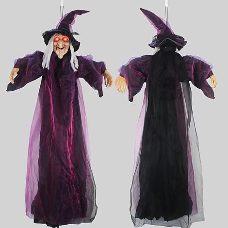 Décoration d'Halloween : sorcière à activation sonore, grand fantôme suspendu de 180 cm (71 pouces) avec lumières et effets sonores. (1/5)