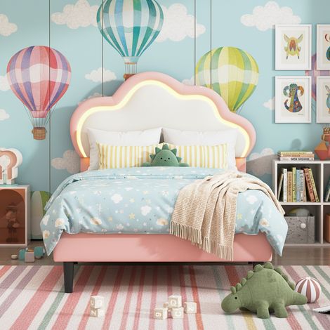 Lit enfant fille 90x200, lit princesse, lit simple forme nuage, éclairage LED, sommier à lattes bois, tête de lit réglable - Rose