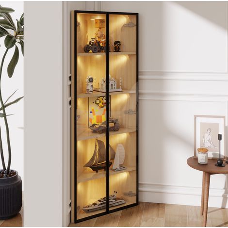 Vitrine d'angle LED 62x35x160 cm en MDF effet chêne, gain de place pour salon FloraGrace (1/5)