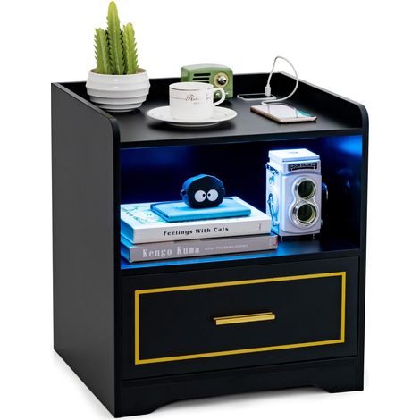COSTWAY Mesa de Noche LED, Mesita de Noche Inteligente con 1 Puerto USB y 1 Type C, Estante y Cajón, 3 Colores de Luz, Iluminación Ajustable, Inducción del Cuerpo Humano, 45 x 40 x 50cm (1, Negro) (1/5)
