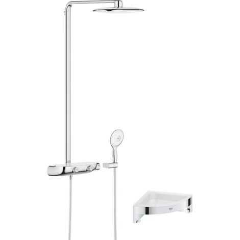 Colonne de douche thermostatique GROHE Rainshower System SmartControl Mono 360 Blanc/chromé + Tablette douche d'angle Start Cube