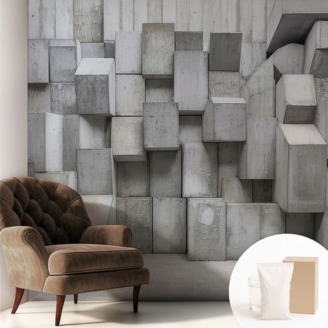 Carta Da Parati Non Tessuto - Con Colla Inclusa per Camera da Letto - Facile da Applica - Motivo decorativo Blocchi di cemento 250x250 cm (1/5)