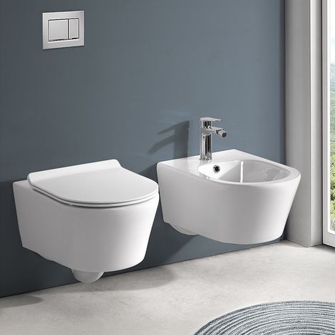 Sanitari Sospesi in ceramica bianco design tondo con copriwc e scarico rimless Ukra