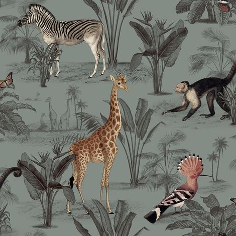 Vintage Zoo Wallpaper Nina Home Animal Print Monkey Butterfly Blue Grey (1/2)