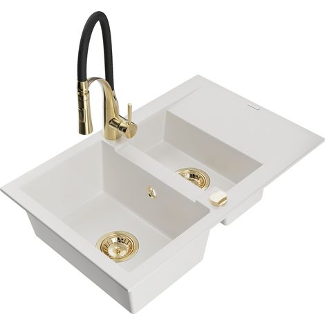 Mexen Gaspar évier en granit 1,5 bac avec égouttoir et robinet de cuisine Aster, blanc - 6507-20-73450-57-G (1/5)