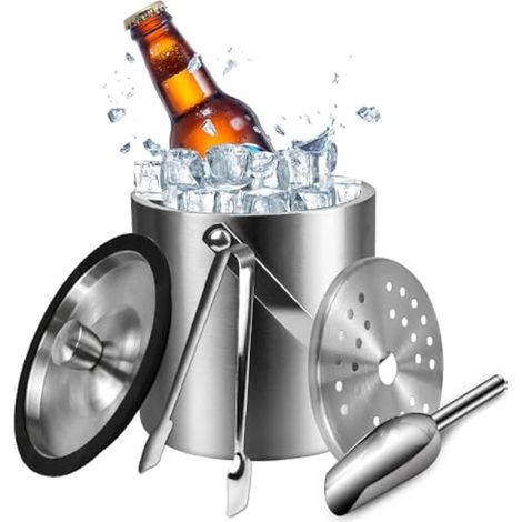 2L Seau a Glacon Isotherme avec Couvercle en Acier, Seau a Champagne Ice Clips Ice Scoop, Double Épaisseur Seau a Glace Isotherme, Seau a Glace pour Bouteille, Seau a Glace Inox (1/5)