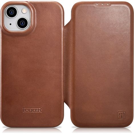 Custodia in pelle per iPhone 14 Plus con chiusura magnetica a libro, MagSafe, certificazione CE, in pelle premium cerata, colore marrone. (1/5)