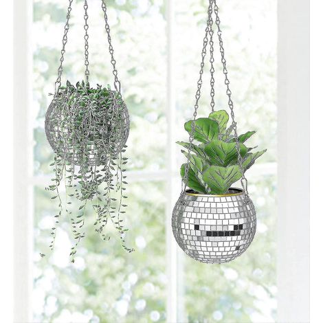 Pot de fleurs boule disco avec crochet et support en bois pour bureau (1/5)