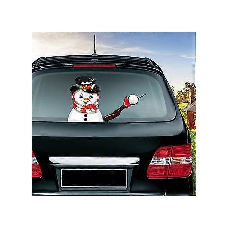 Aufkleber für Heckscheibenwischer: Weihnachtlicher Schneemann winkt mit dem Scheibenwischer – Lustiger animierter 3D-Weihnachtsaufkleber (Schneemann wirft Schneebälle)