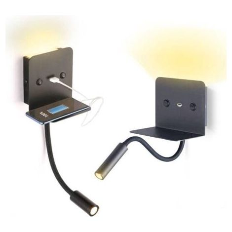 Applique murale GROOFOO avec liseuse LED Slange 3W, port USB intégré, finition noire, éclairage de lecture et d'ambiance, design moderne, idéale pour chambre ou salon. (1/4)