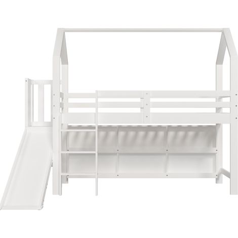 Lit enfant 90 x 200 cm avec toboggan, escalier, rangements et étagère en bois et MDF blanc MODENUIT (1/5)