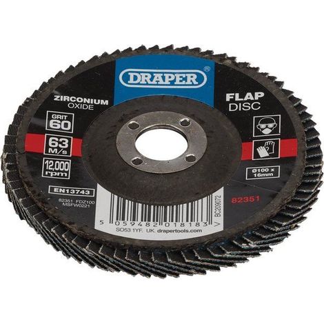 Draper Zirconium Oxide Flap Disc, 100mm Diameter x 16mm Thickness, 60 Grit, Model 82351