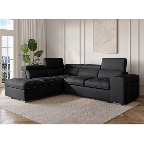 Deco In Paris – Canapé d'angle convertible en tissu noir avec méridienne – Largeur 262 cm – Coffre de rangement intégré – 2 poufs inclus (1/5)
