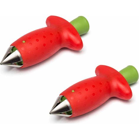Lot de deux outils pour équeuter les fraises, adaptés à l'équeutage des fruits et légumes tendres, équeutage facile, acier inoxydable (outil pour équeuter - rouge). (1/5)