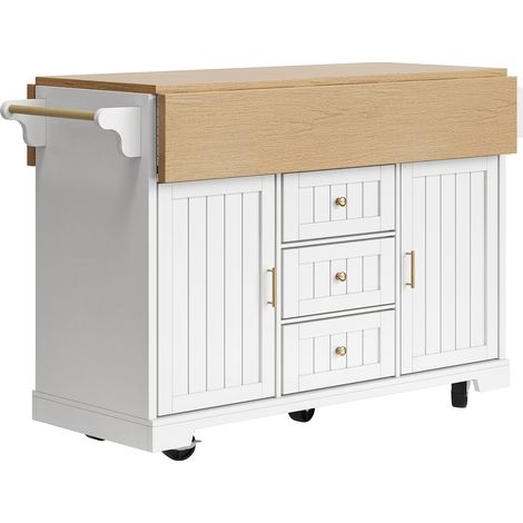 Îlot de cuisine avec chariot à roulettes pliable, MDF blanc avec plateau effet bois, 120x40/80x95 cm (1/5)