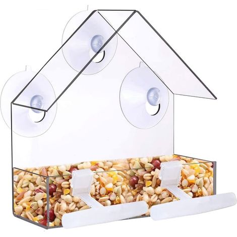 Mangeoires à fenêtre Acrylique Transparent, Bird Feeder Mangeoire à Oiseaux Sauvages avec Porte-graines et 3 Ventouses Puissantes, 15.5 x 15 x 5cm (1/5)