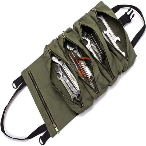 Sac à Outils Enroulable Multifonctionnel 5 Poches, Trousse de Rangement Toile Verte Armée, Support Outil Suspendu, Pour Camping Auto Mécanique (1/5)