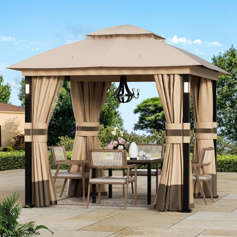 Modern Shade Pavillon 2.5x2.5m Metallrahmen Wasserdicht Stabil Pop Up Faltpavillon mit 4 LED-Lichter & Doppeldach Tragetasche, Khaki (1/5)