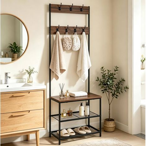 MEUBLIV Porte-manteau d'entree 3 en 1 avec banc et double etagere a chaussures bois fonce (1/4)