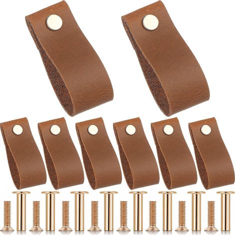 8 pièces poignées de tiroir en cuir, boutons de tiroir dorés, poignées de meuble, tirettes pour commode, armoire, avec vis dorées, poignée de tirage en cuir (1/5)