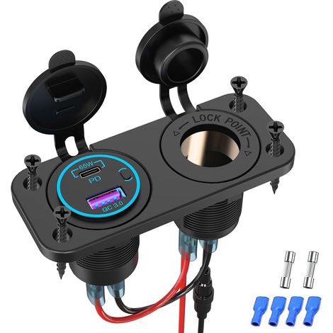 Panneau de Prise Allume Cigare de Chargeur de Voiture: 65W PD pour Portable et 18W QC3.0 USB 12V /24V Prise Allume Cigare Étanche Encastrable avec Interrupteur pour Voiture Bateau Camion Caravane (1/5)