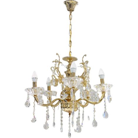 Lampadario da soffitto a 5 bracci a sospensione con sfere cristalli pendenti lampada sospesa con catena retrò classico attacco e14 Oro