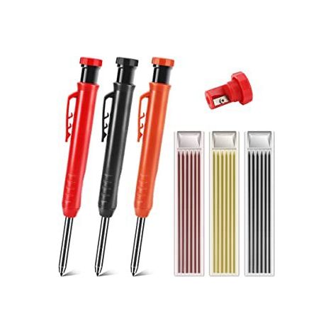 BDD Paquet de 3 crayons à bois solides, crayons et outil de marquage de trous profonds avec taille-crayon intégré pour les cadeaux de menuiserie (1/4)