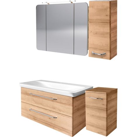 Fackelmann MILANO Badmöbel Set 5-teilig, 100 cm, Braun hell, Keramik, Spiegelschrank + 2 Badschränke"-"90296145 (1/4)