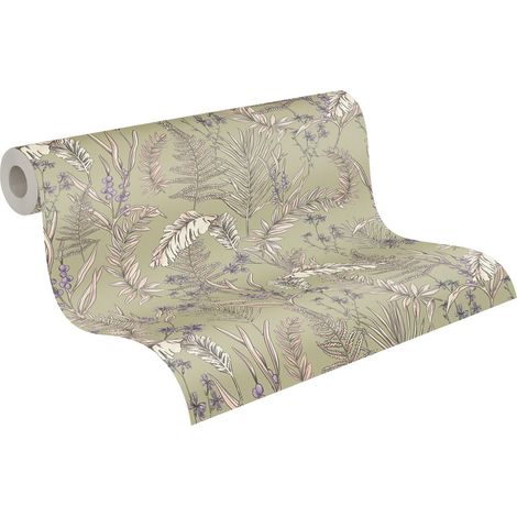Papier peint nature vert kaki, orange, et mauve Tapisserie florale idéale pour chambre et salon Papier peint feuillage style tropical (1/5)